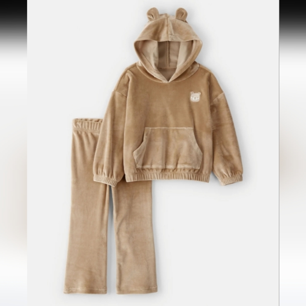 Girls bear velour hoodie and pants set